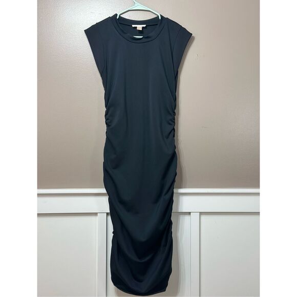 NWOT Rachel Parcell Ruched Classic Bodycon Black Midi Dress Women's Medium - Picture 2 of 11